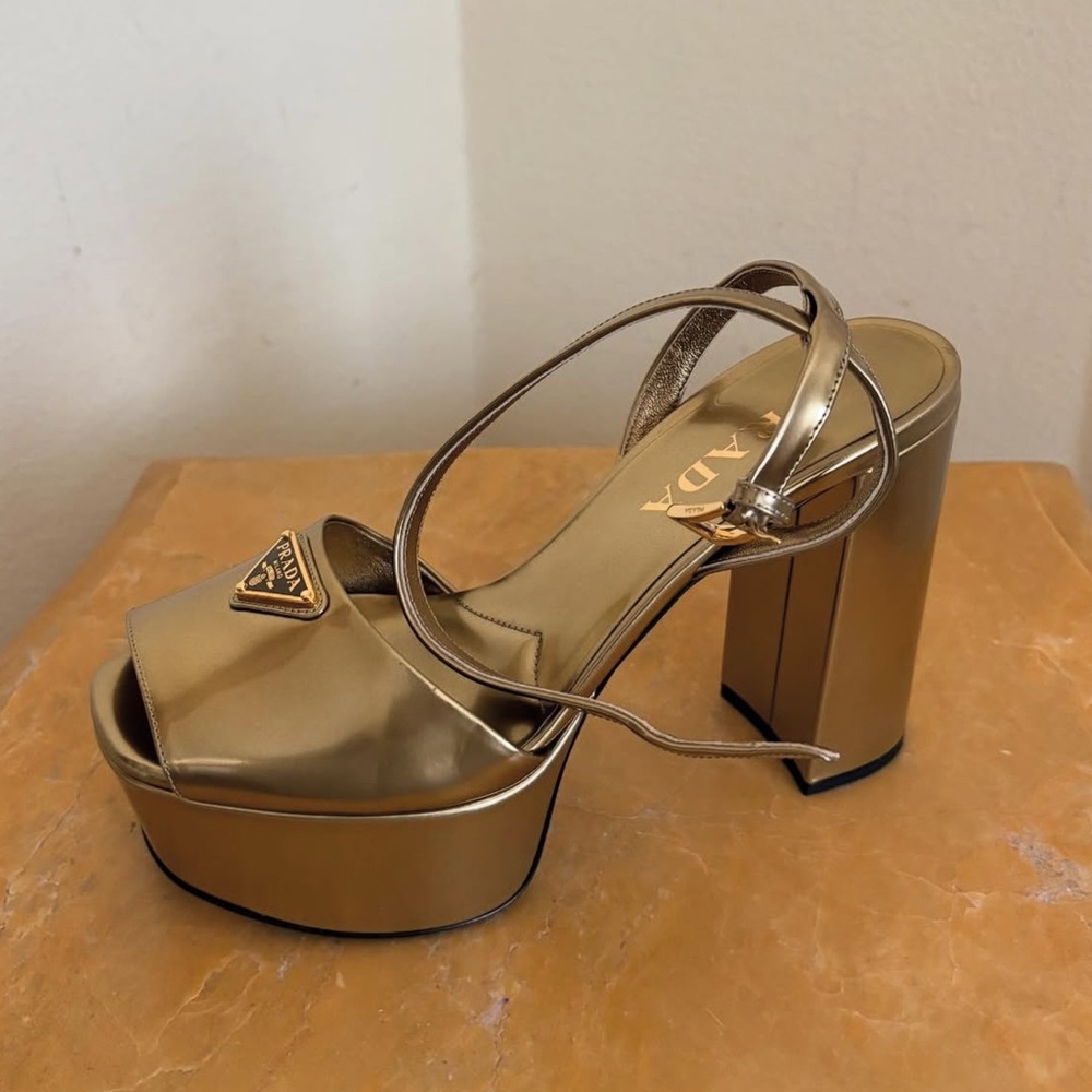 Prada Gold Platform logo Heels for Women 38.5 - Picture 6 of 11